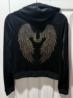 True Religion Black Velour Hoodie L Rhinestone Wings Zip Up Jacket with Hood